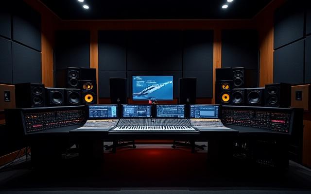 Sala de control de estudio de grabación profesional con consola de mezcla grande y monitores.