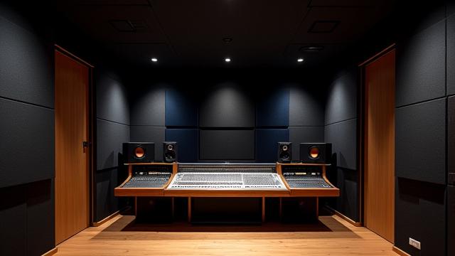 Interior de un estudio de música con tratamiento acústico