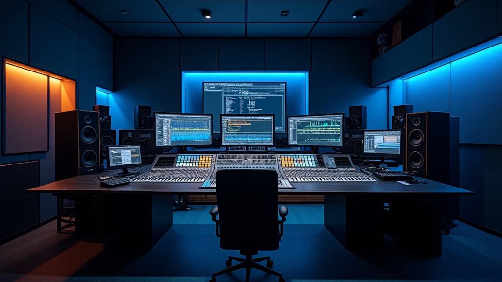 Un ingeniero de sonido profesional trabajando en un estudio de grabación moderno con mesa de mezclas.